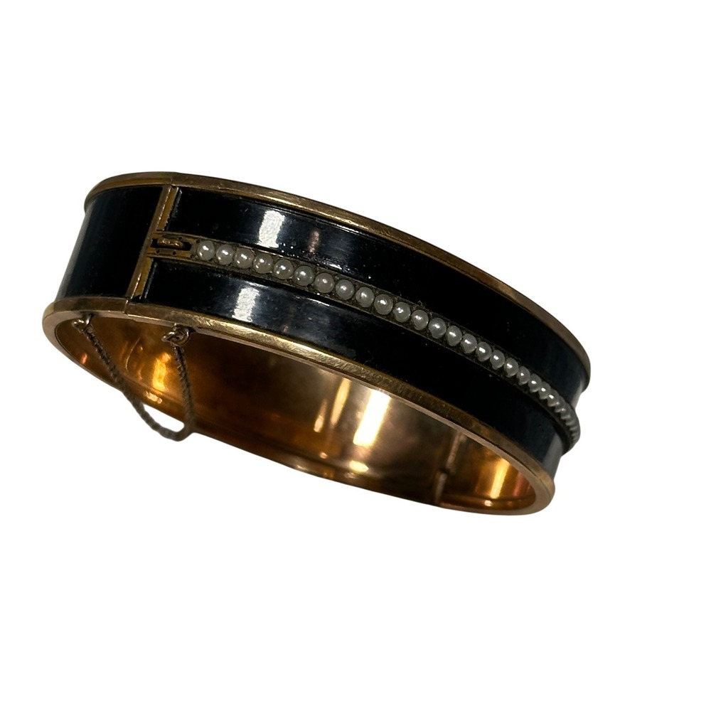 Vintage Black Enamel Seed Pearl Hinged Bangle Bracelet Gold Tone Safety Chain